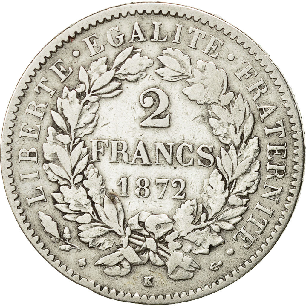 Coin, France, Cérès, 2 Francs, 1872, Bordeaux, VF(30-35), Silver, KM:817.2