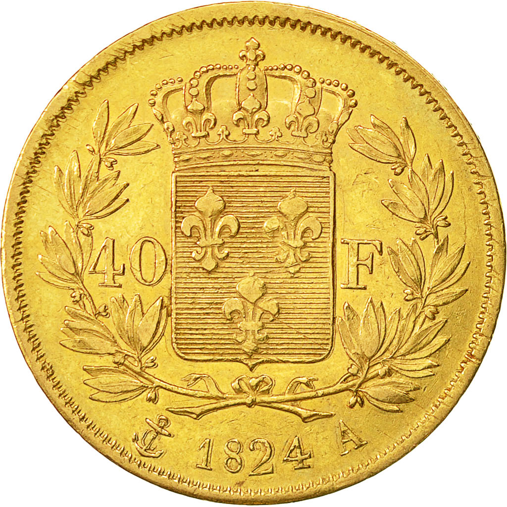 Moneda, Francia, Charles X, 40 Francs, 1824, Paris, MBC+, Oro, KM:721.1
