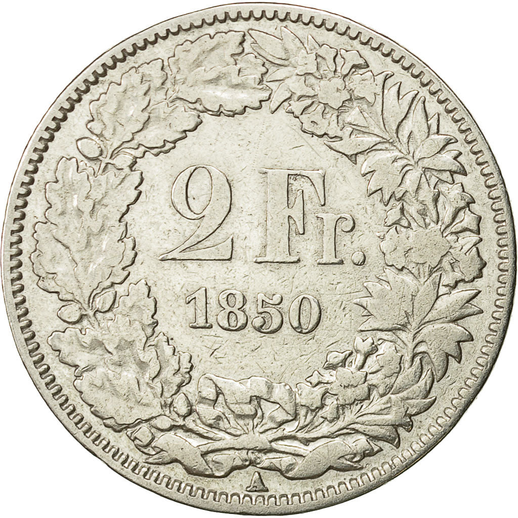 Coin, Switzerland, 2 Francs, 1850, Paris, VF(30-35), Silver, KM:10