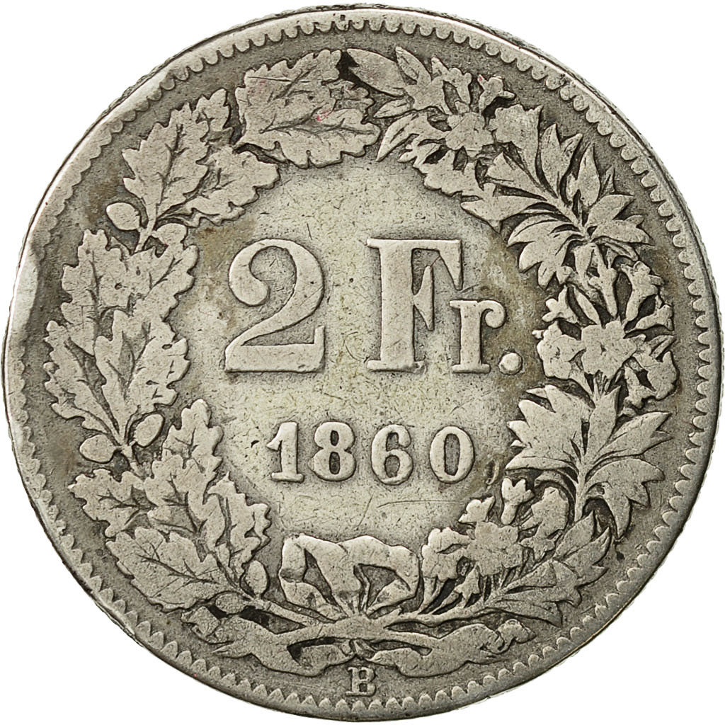 Coin, Switzerland, 2 Francs, 1860, Bern, VF(30-35), Silver, KM:10a