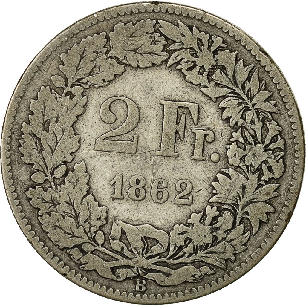 Coin, Switzerland, 2 Francs, 1862, Bern, VF(20-25), Silver, KM:10a