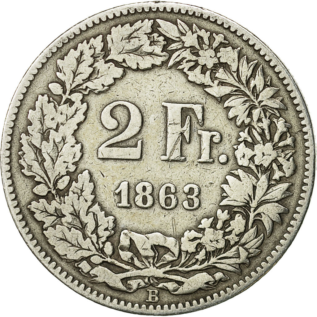 Coin, Switzerland, 2 Francs, 1863, Bern, VF(30-35), Silver, KM:10a