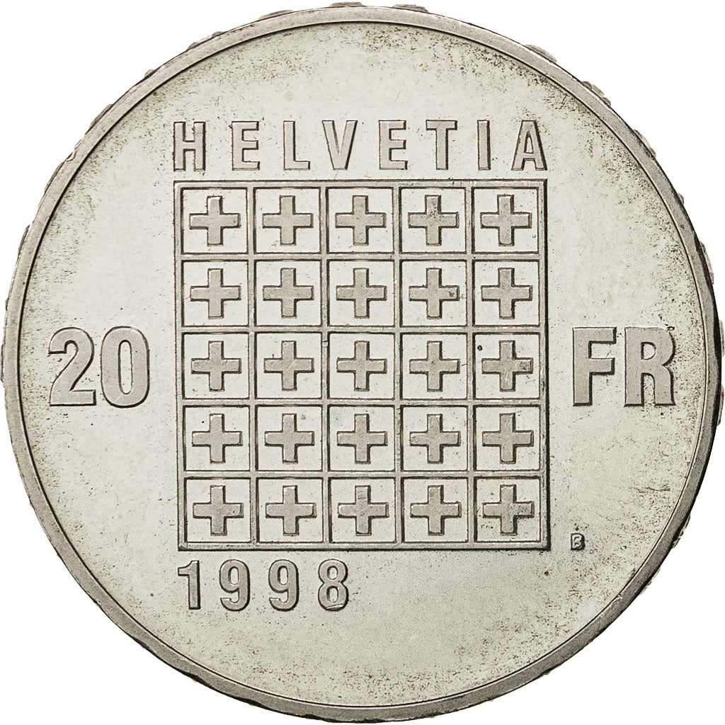 Coin, Switzerland, 20 Francs, 1998, Bern, MS(63), Silver, KM:82