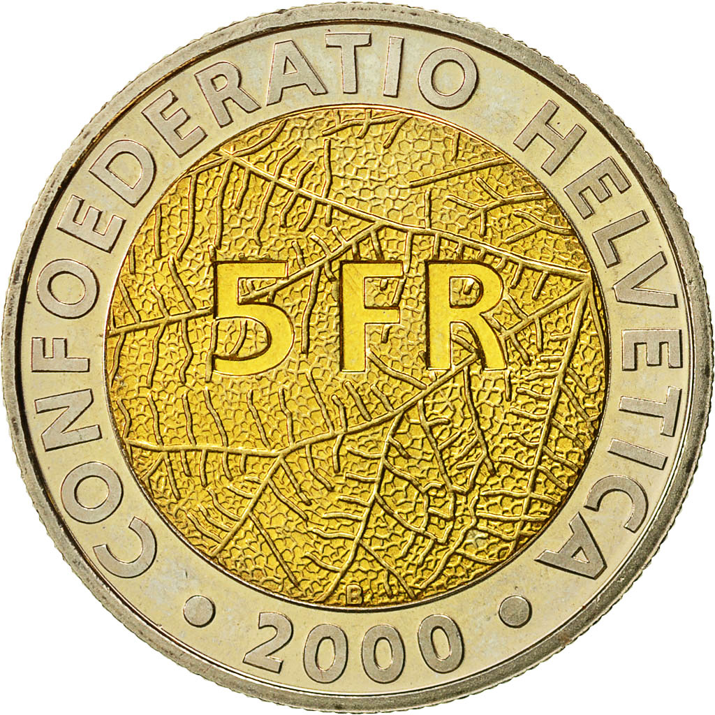 Coin, Switzerland, 5 Francs, 2000, Bern, MS(64), Bi-Metallic, KM:91