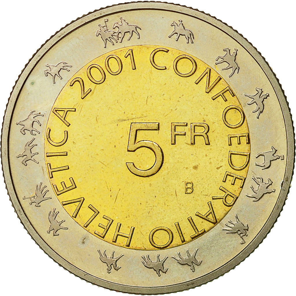 Coin, Switzerland, 5 Francs, 2001, Bern, MS(60-62), Bi-Metallic, KM:92