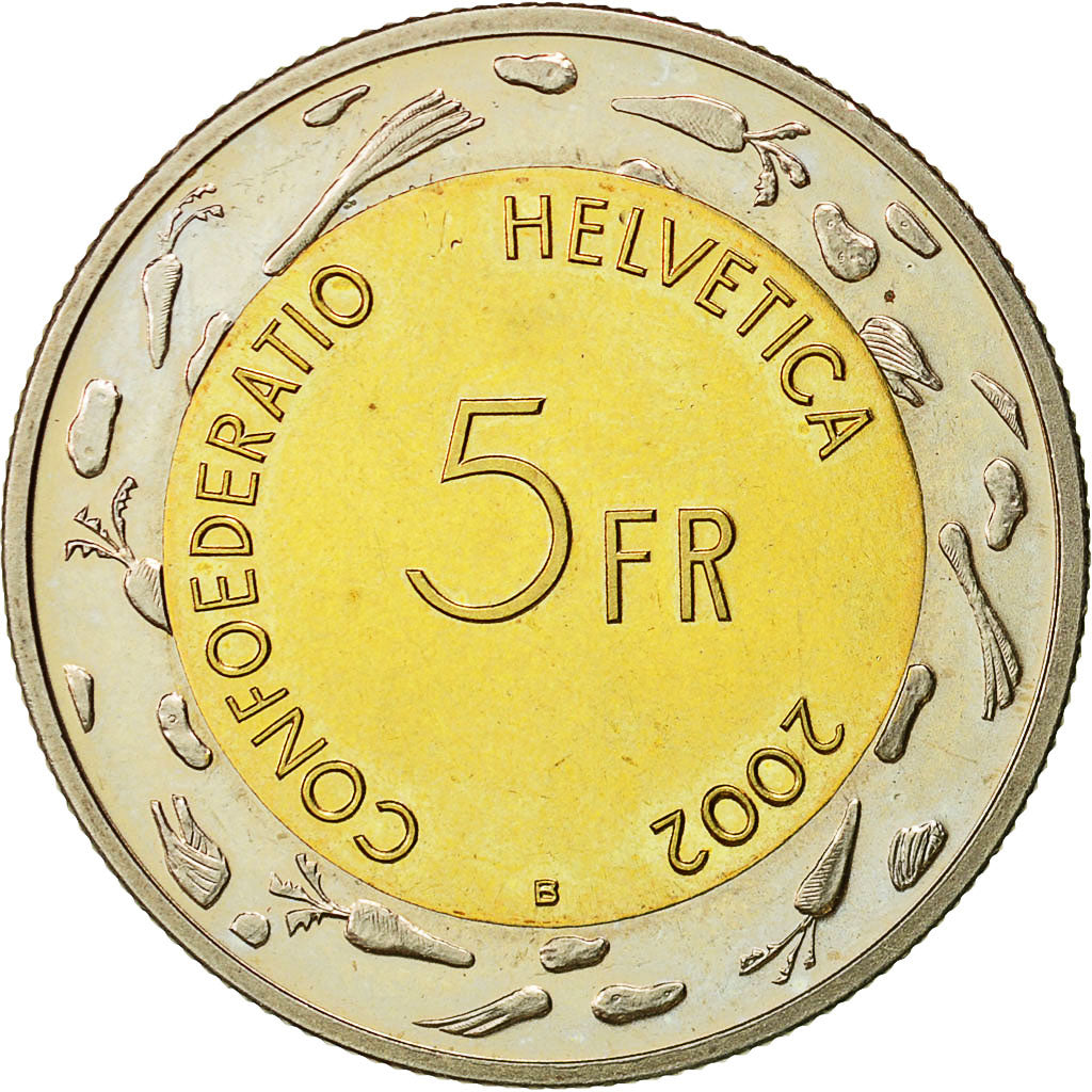 Coin, Switzerland, 5 Francs, 2002, Bern, MS(63), Bi-Metallic, KM:98