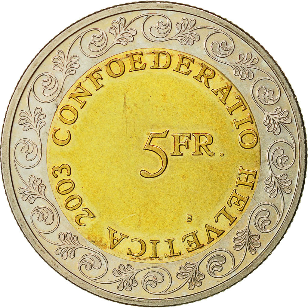 Coin, Switzerland, 5 Francs, 2003, Bern, MS(63), Bi-Metallic, KM:103