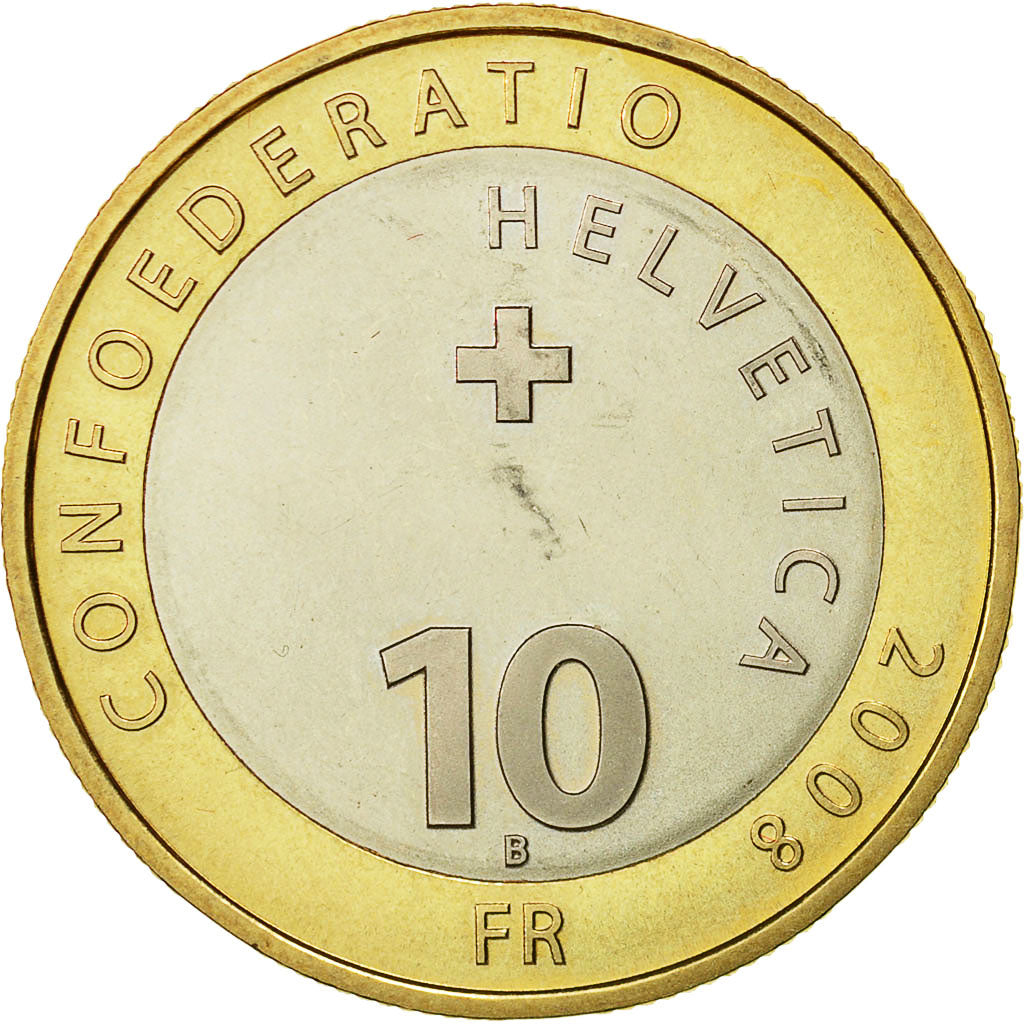 Coin, Switzerland, 10 Francs, 2008, Bern, MS(63), Bi-Metallic, KM:126