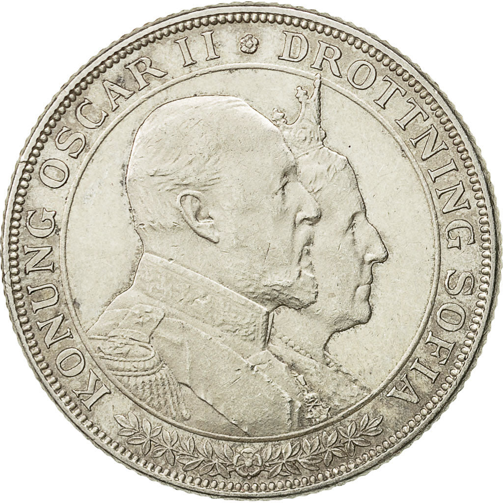 Coin, Sweden, Oscar II, 2 Kronor, 1907, MS(60-62), Silver, KM:776