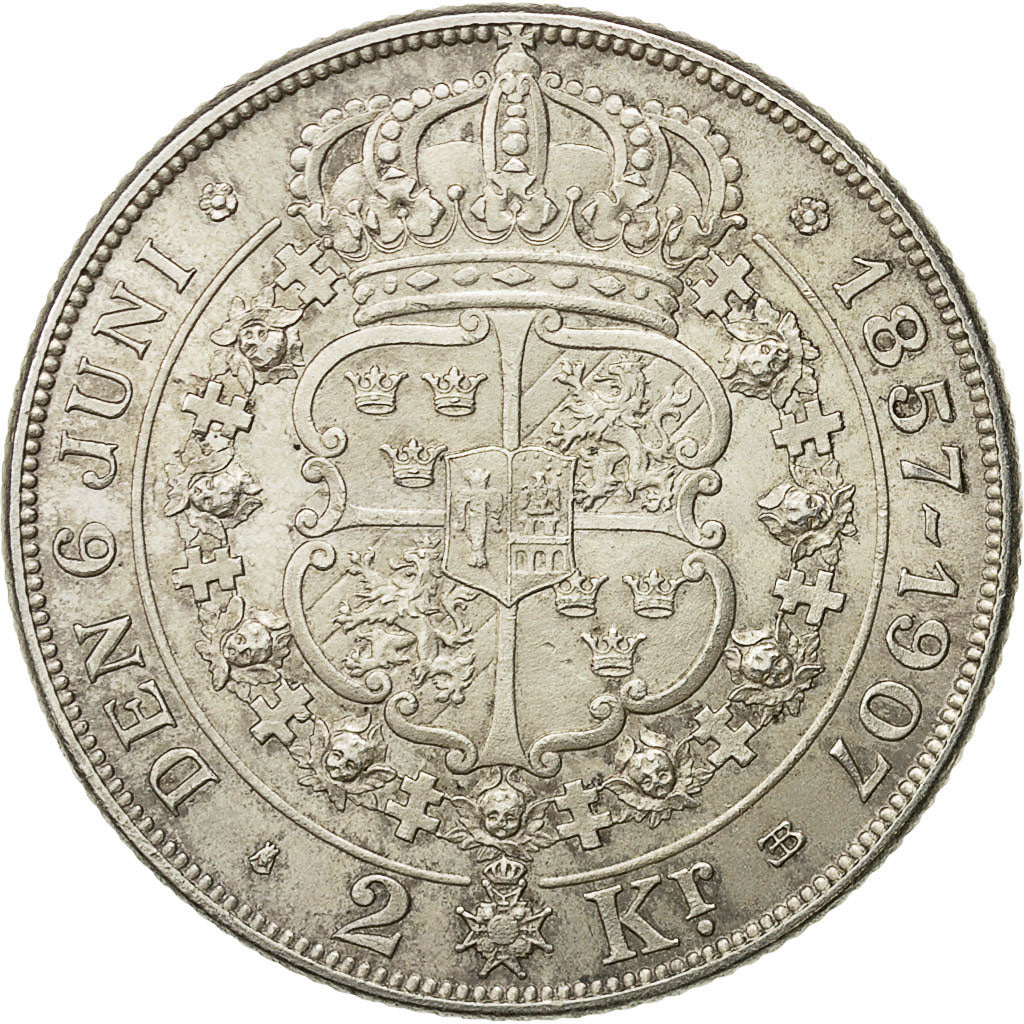 Coin, Sweden, Oscar II, 2 Kronor, 1907, MS(60-62), Silver, KM:776