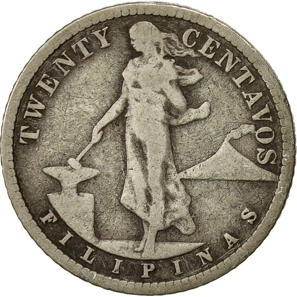 Moneta, Filippine, 20 Centavos, 1907, MB+, Argento, KM:170