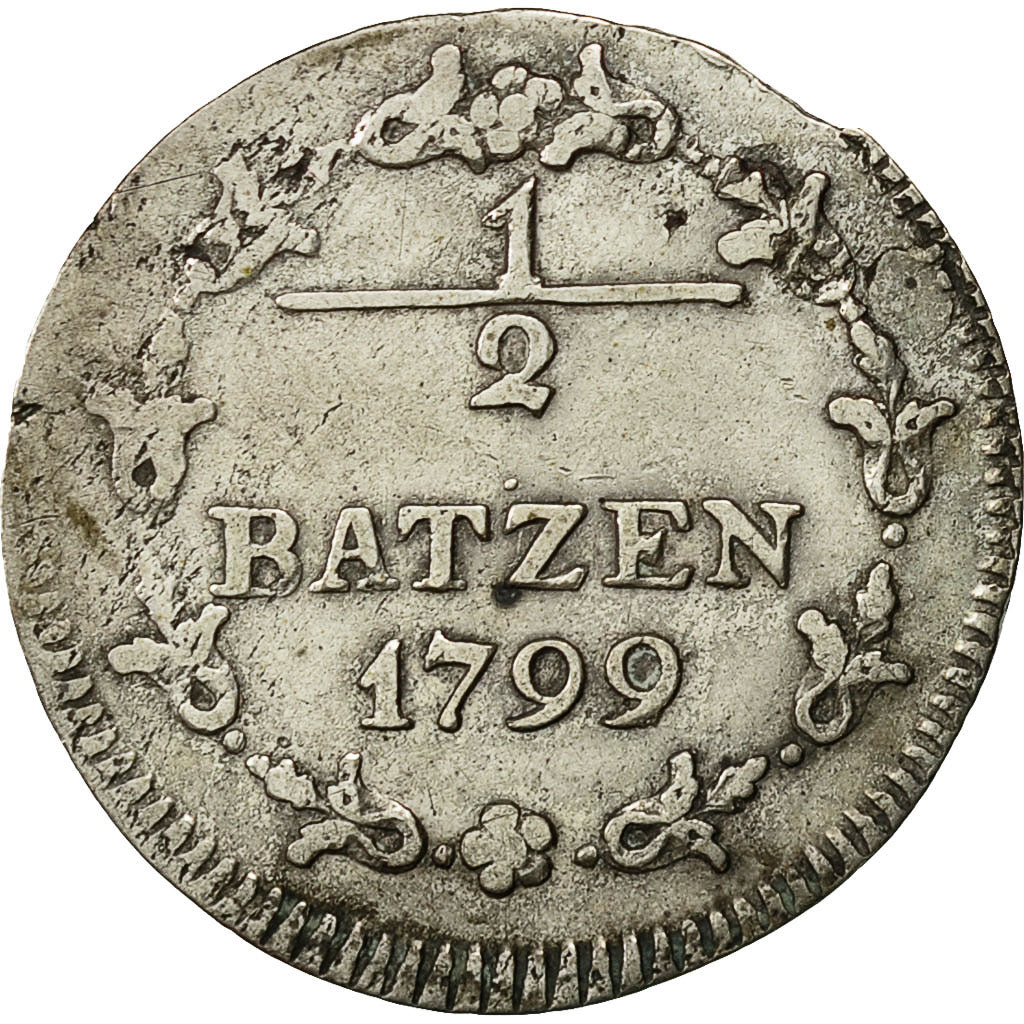 Coin, Switzerland, 1/2 Batzen, 1799, AU(50-53), Billon, KM:A6