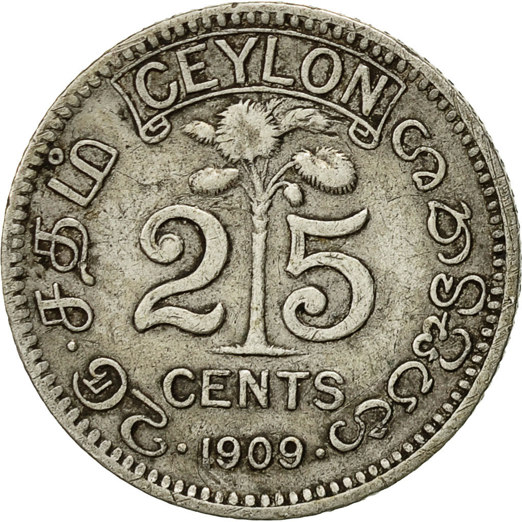 Coin, Ceylon, Edward VII, 25 Cents, 1909, VF(30-35), Silver, KM:98