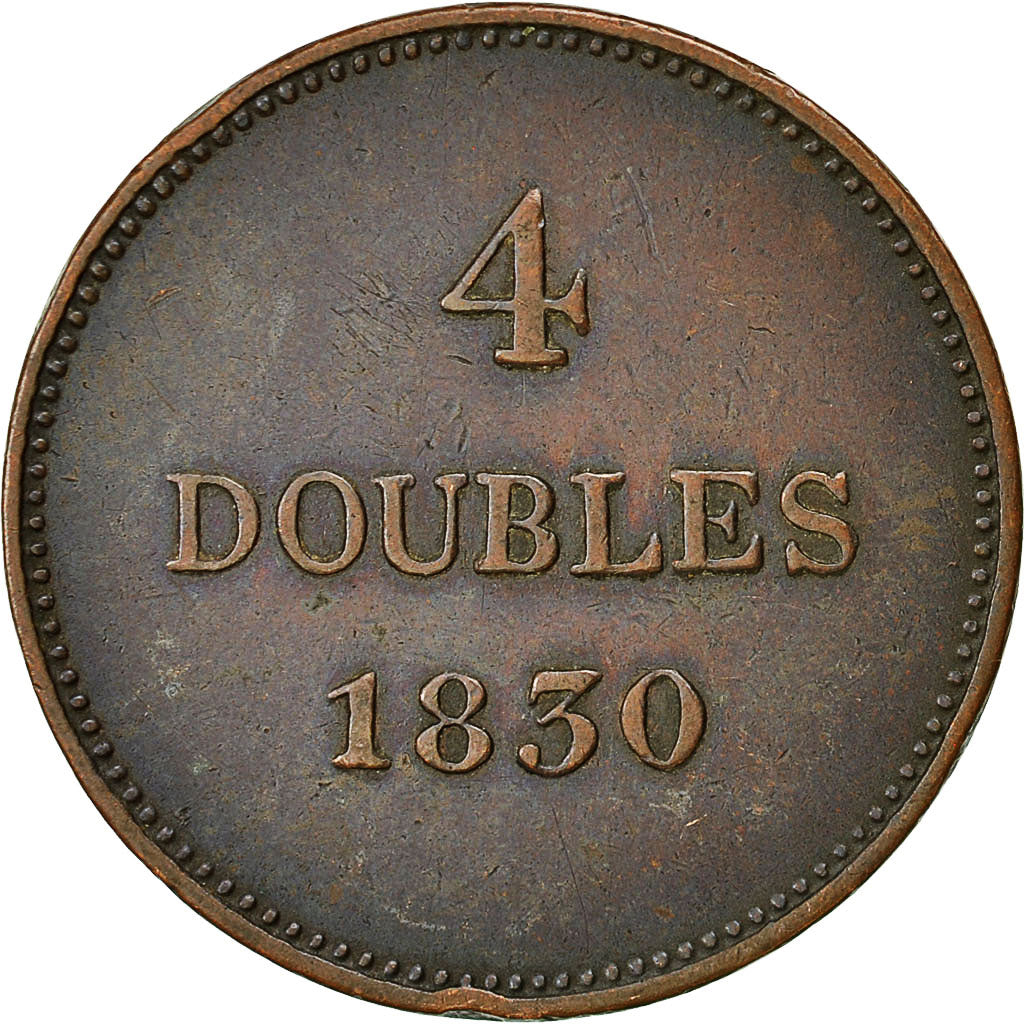 Moneta, Guernsey, 4 Doubles, 1830, Birmingham, MB+, Rame, KM:2
