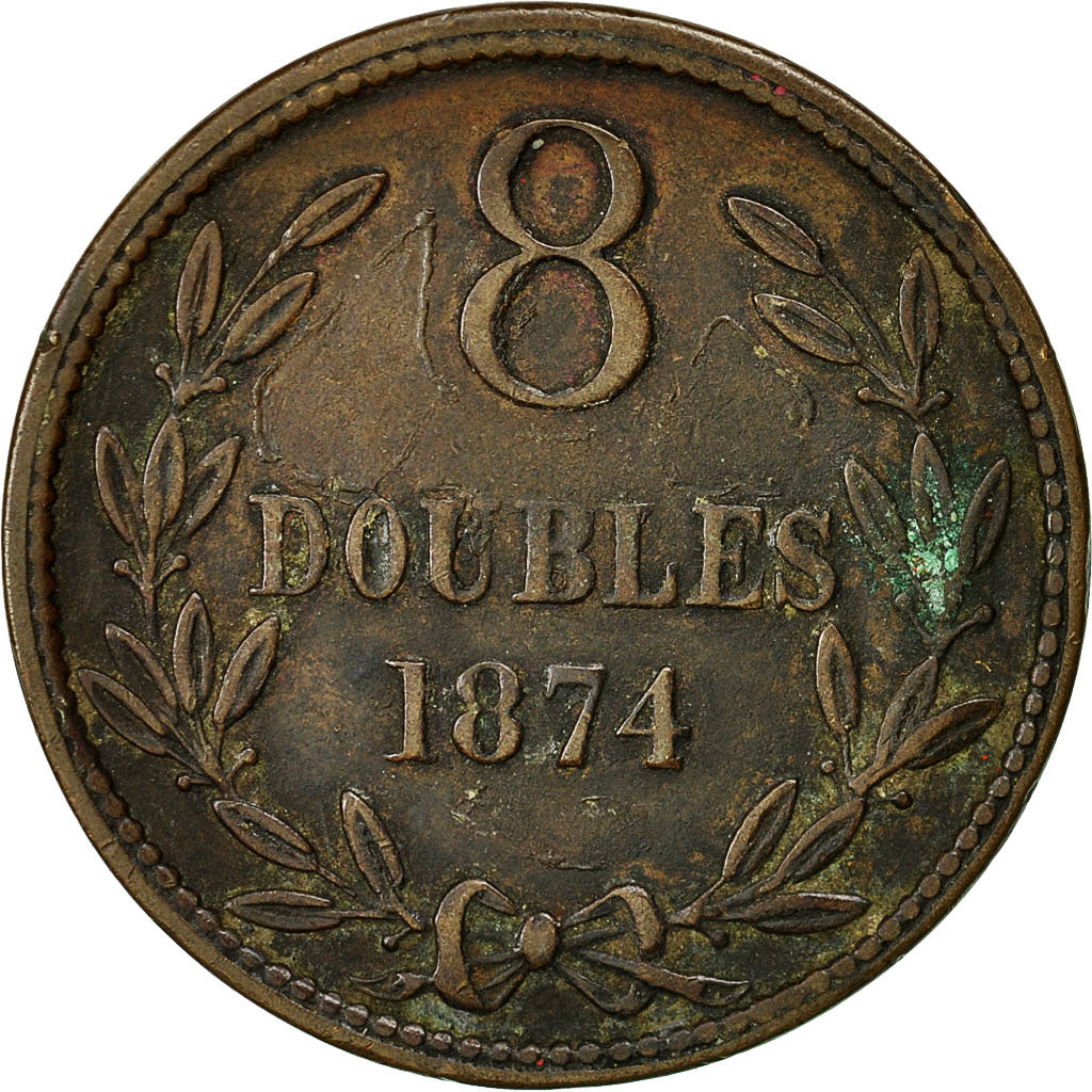 Munten, Guernsey, 8 Doubles, 1874, Heaton, Birmingham, ZF, Bronze, KM:7