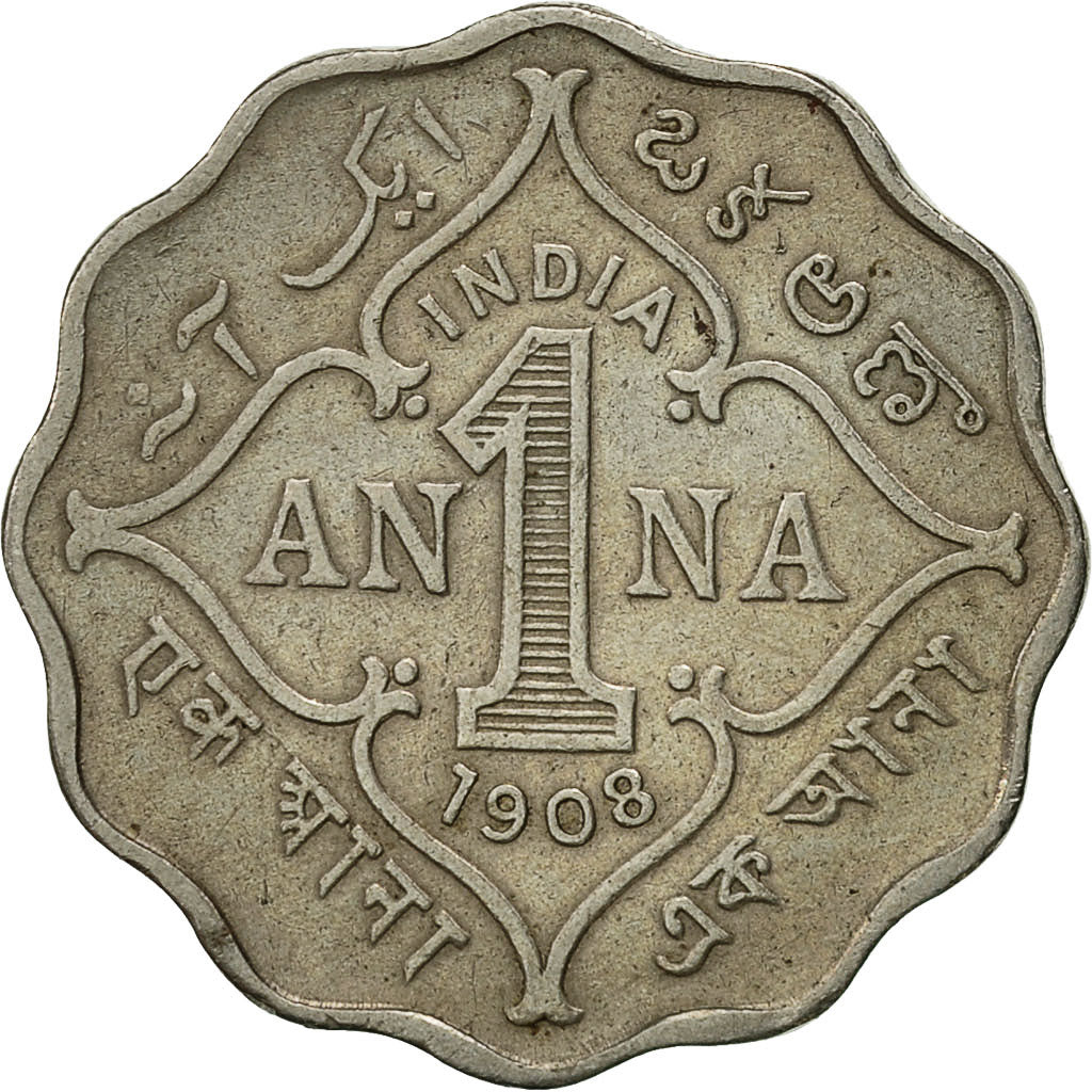 Coin, INDIA-BRITISH, Edward VII, Anna, 1908, Bombay, VF(30-35), Copper-nickel
