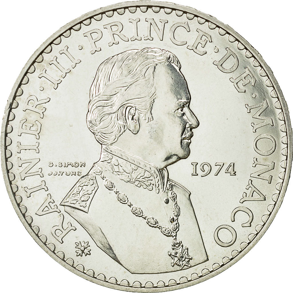 Coin, Monaco, Rainier III, 50 Francs, 1974, MS(64), Silver, KM:152.1