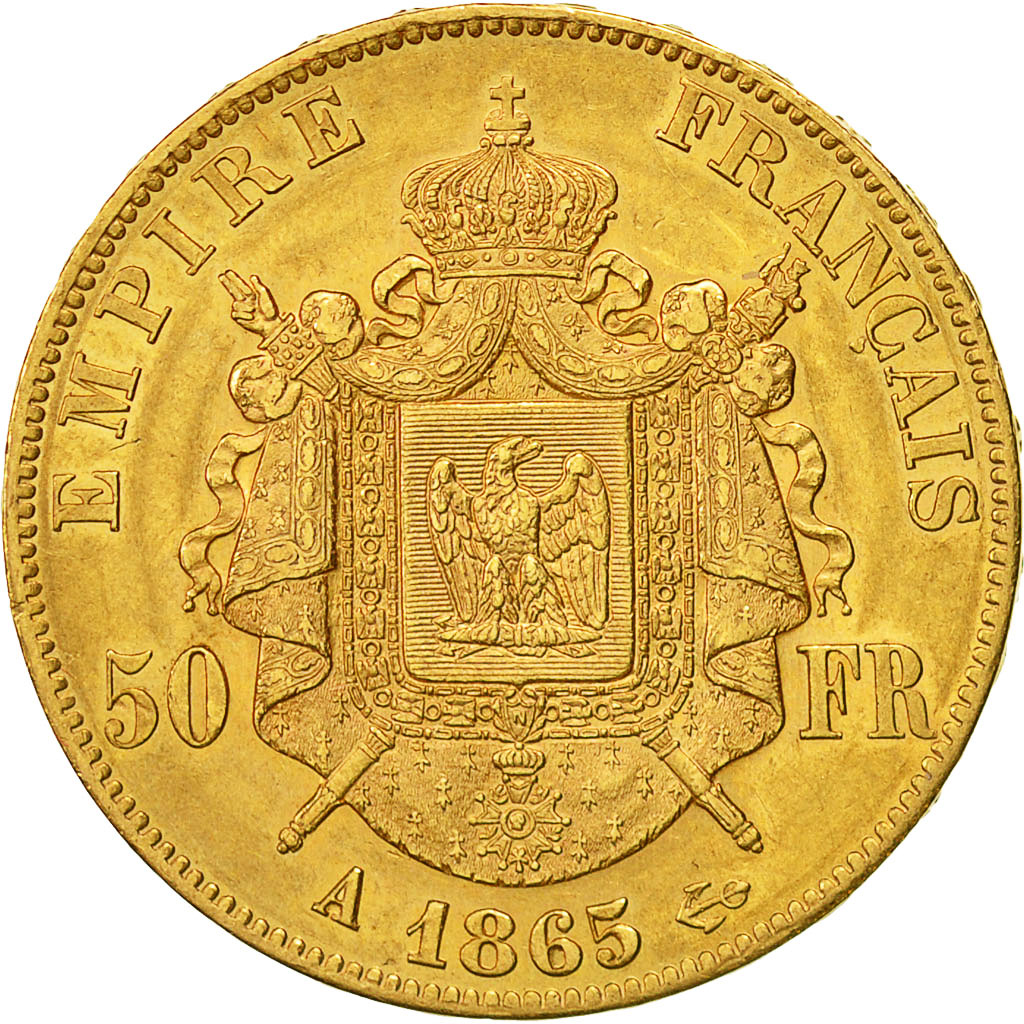 Moneda, Francia, Napoleon III, Napoléon III, 50 Francs, 1865, Paris, MBC, Oro