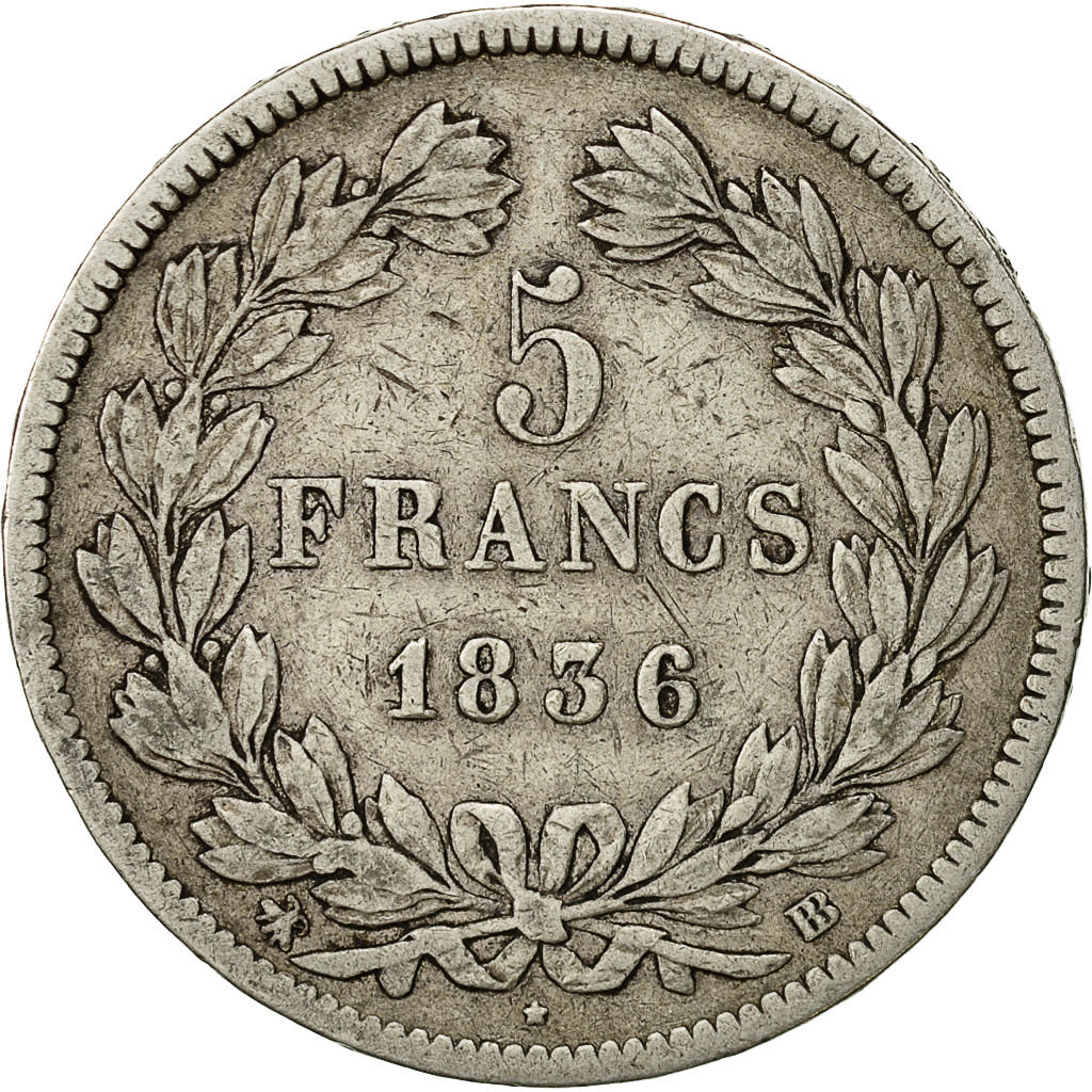 Monnaie, France, Louis-Philippe, 5 Francs, 1836, Strasbourg, TB+, Argent