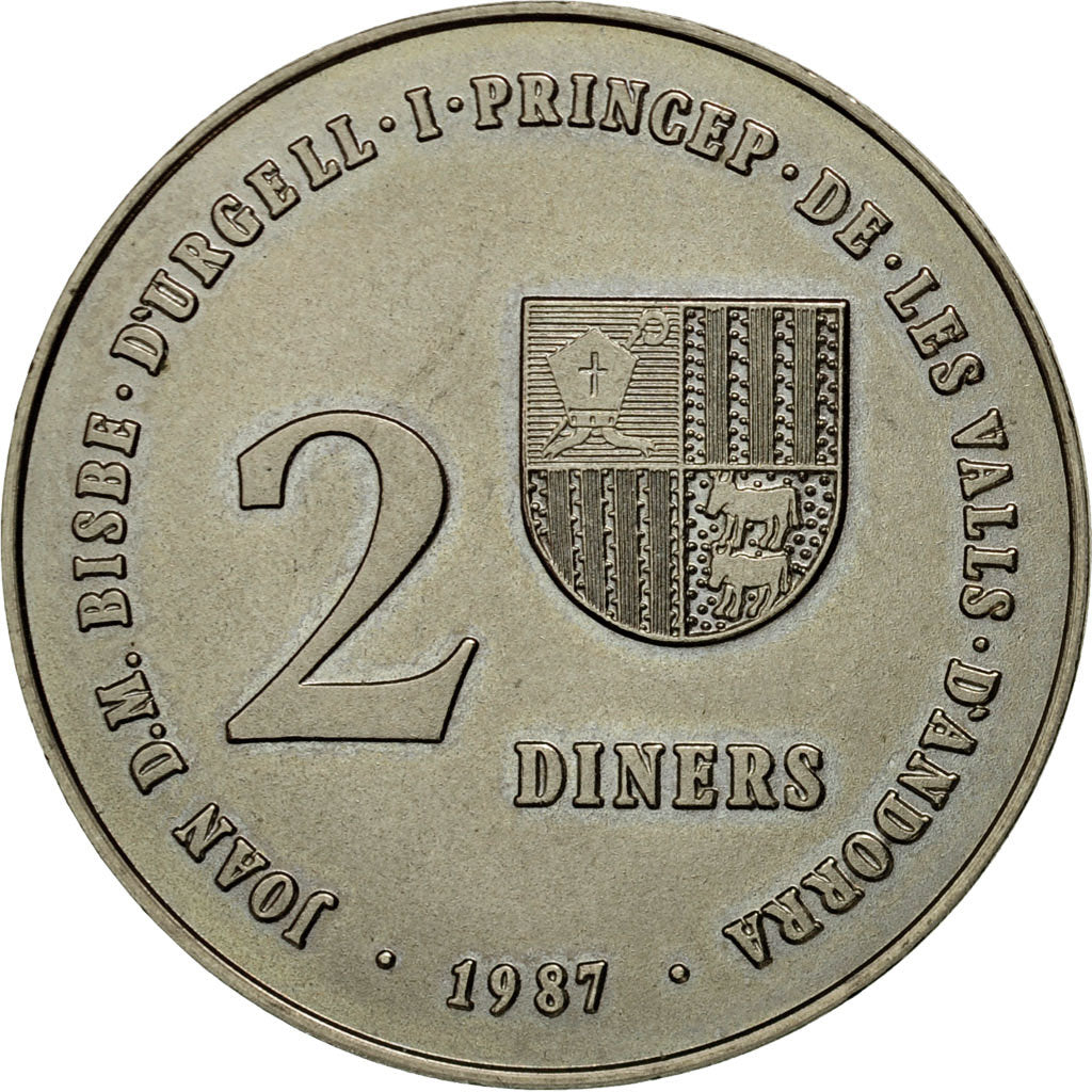 Moneta, Andorra, 2 Diners, 1987, SPL, Rame-nichel, KM:46.1