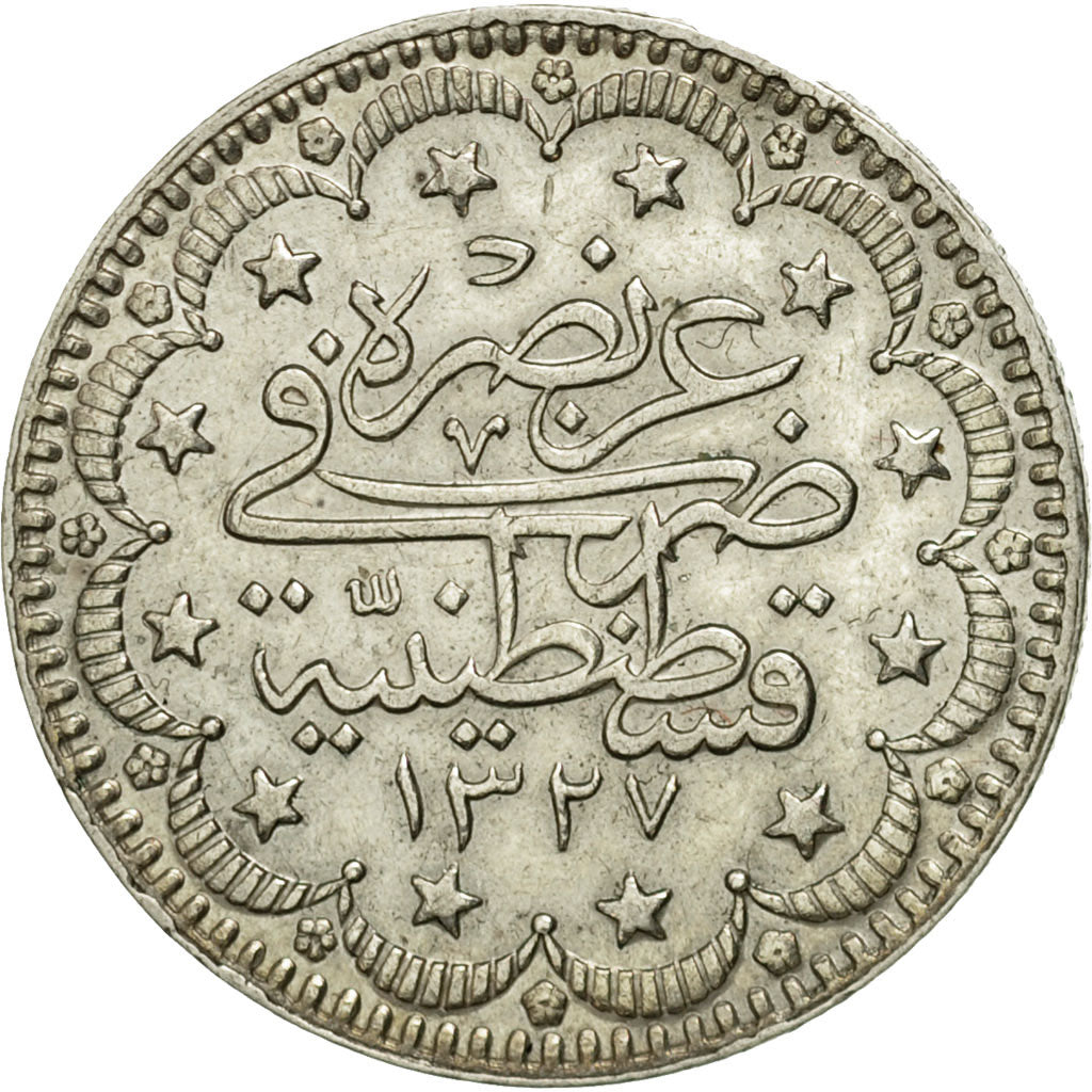Coin, Turkey, Muhammad V, 5 Kurush, 1910, Qustantiniyah, MS(60-62), Silver