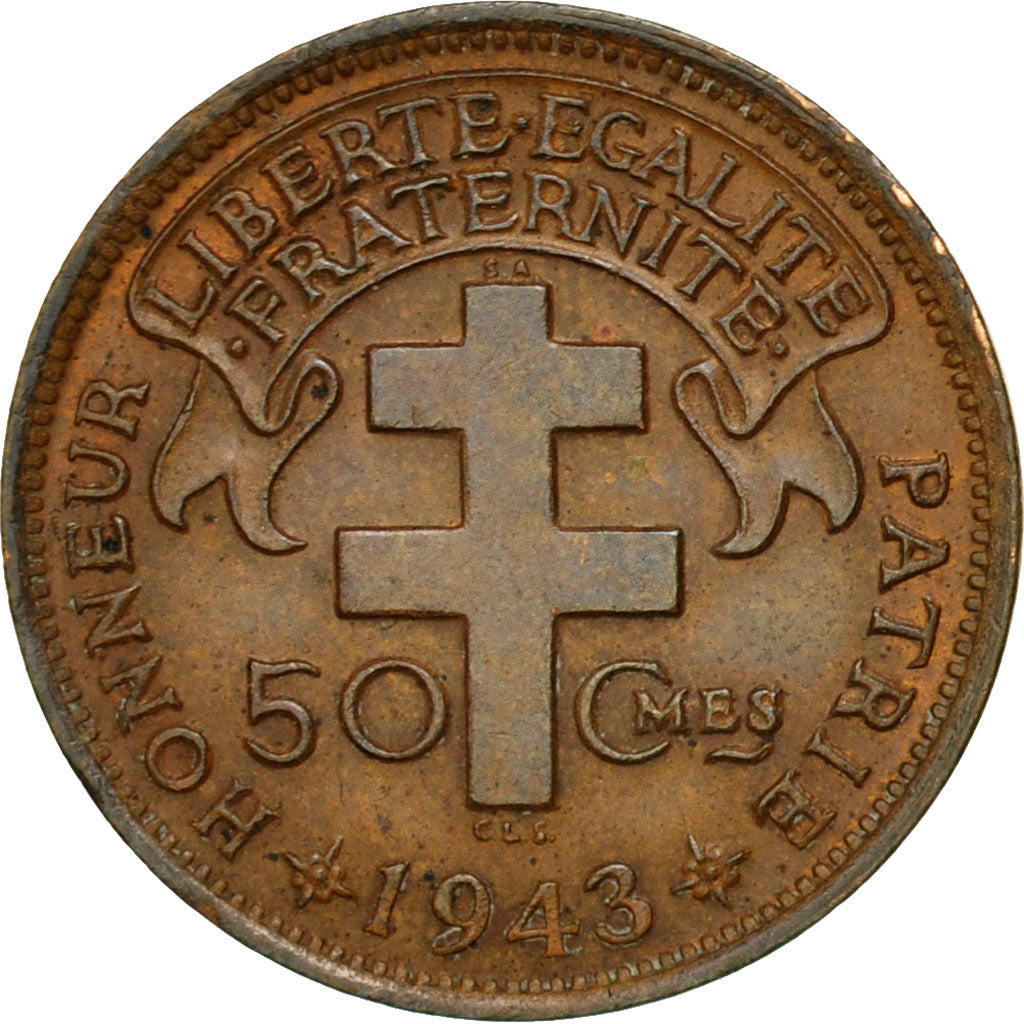 Coin, Cameroon, 50 Centimes, 1943, Pretoria, AU(50-53), Bronze, KM:6