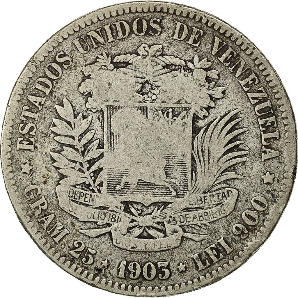 Coin, Venezuela, Gram 25, 5 Bolivares, 1903, Philadelphia, VF(30-35), Silver