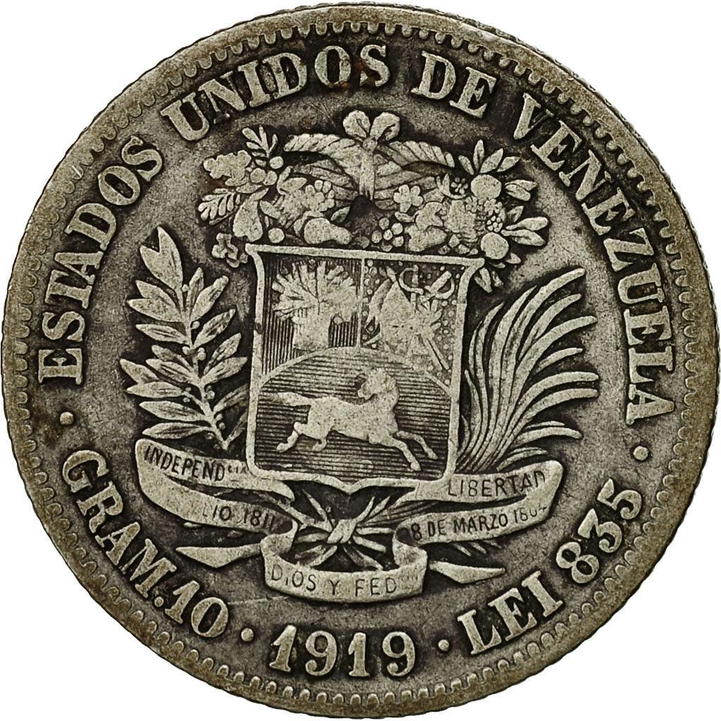 Coin, Venezuela, Gram 10, 2 Bolivares, 1919, Philadelphia, EF(40-45), Silver