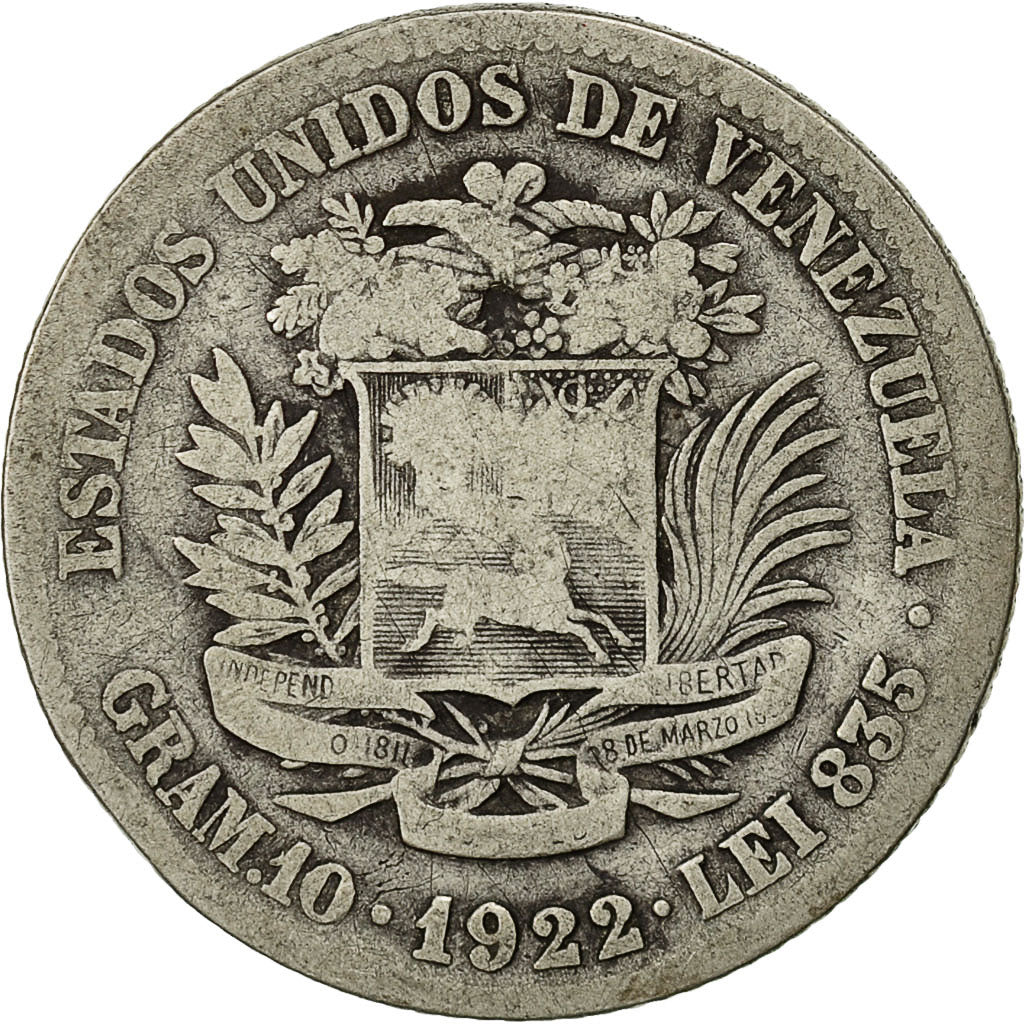 Coin, Venezuela, Gram 10, 2 Bolivares, 1922, Philadelphia, VF(30-35), Silver