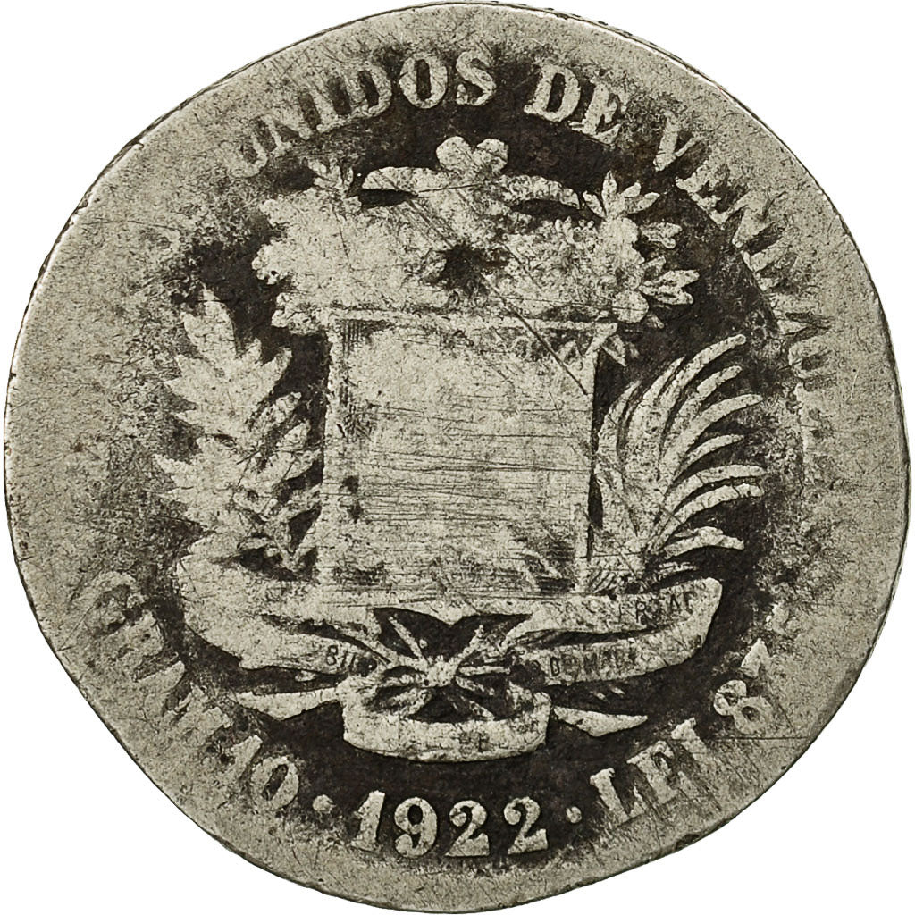 Coin, Venezuela, Gram 10, 2 Bolivares, 1922, Philadelphia, VG(8-10), Silver
