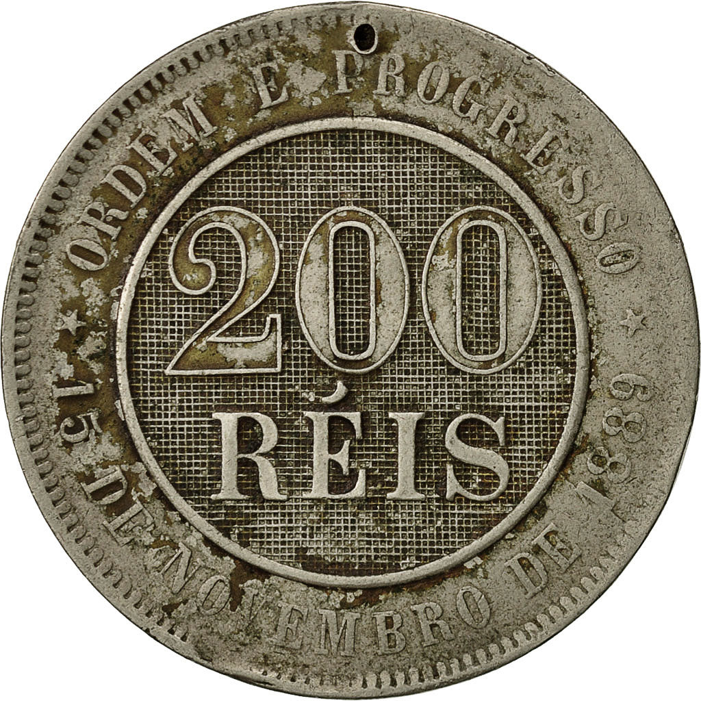 Coin, Brazil, 200 Reis, 1889, VF(30-35), Copper-nickel, KM:493
