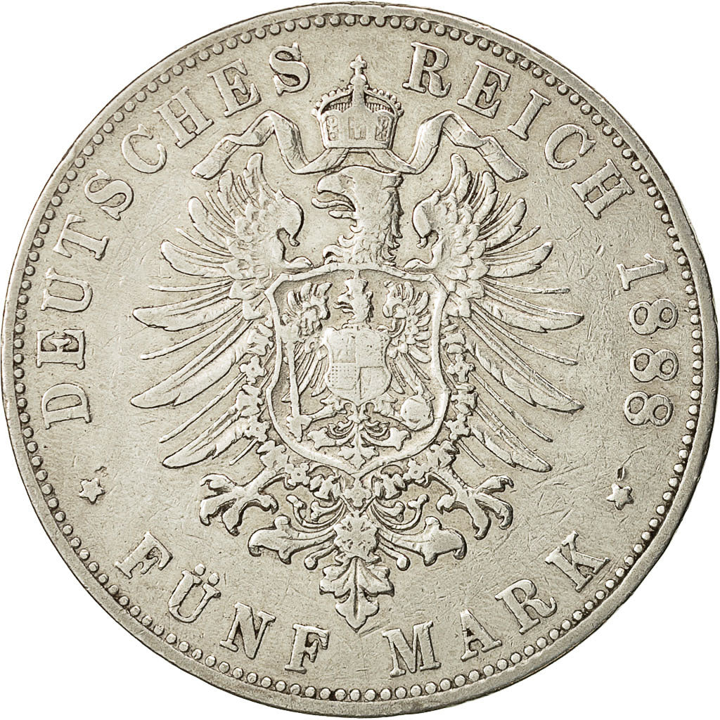 Coin, German States, BADEN, Friedrich I, 5 Mark, 1888, Stuttgart, VF(30-35)