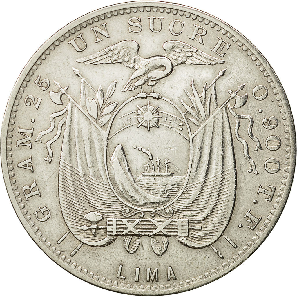 Moneda, Ecuador, Sucre, Un, 1895, Lima, Lima, MBC+, Plata, KM:53.3