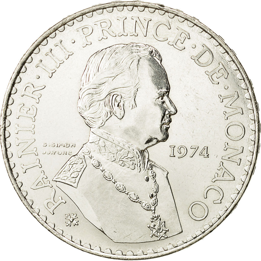 Coin, Monaco, Rainier III, 50 Francs, 1974, MS(63), Silver, KM:152.1