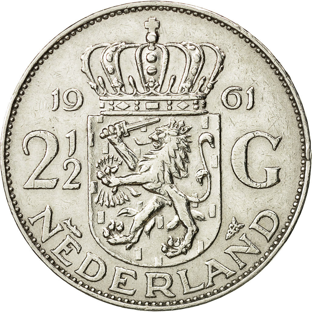 Coin, Netherlands, Juliana, 2-1/2 Gulden, 1961, AU(55-58), Silver, KM:185