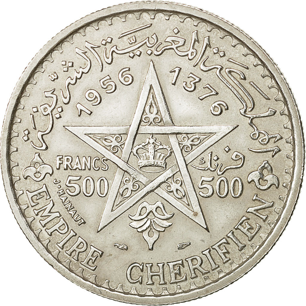 Coin, Morocco, Mohammed V, 500 Francs, 1956, Paris, AU(50-53), Silver, KM:54