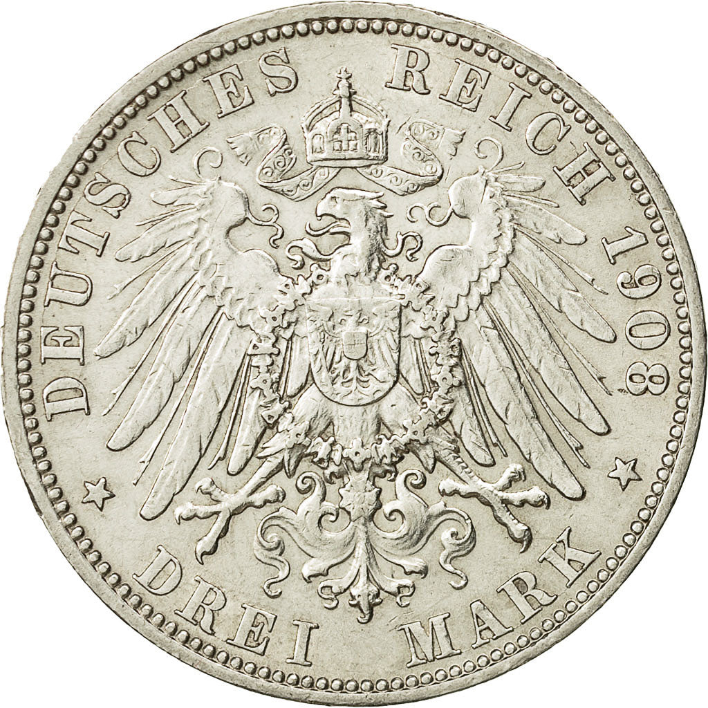 Coin, German States, WURTTEMBERG, Wilhelm II, 3 Mark, 1908, Freudenstadt