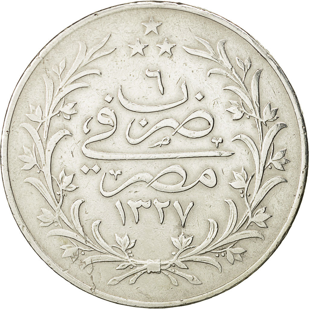 Moneta, Egitto, Muhammad V, 20 Qirsh, 1913, Misr, BB+, Argento, KM:310