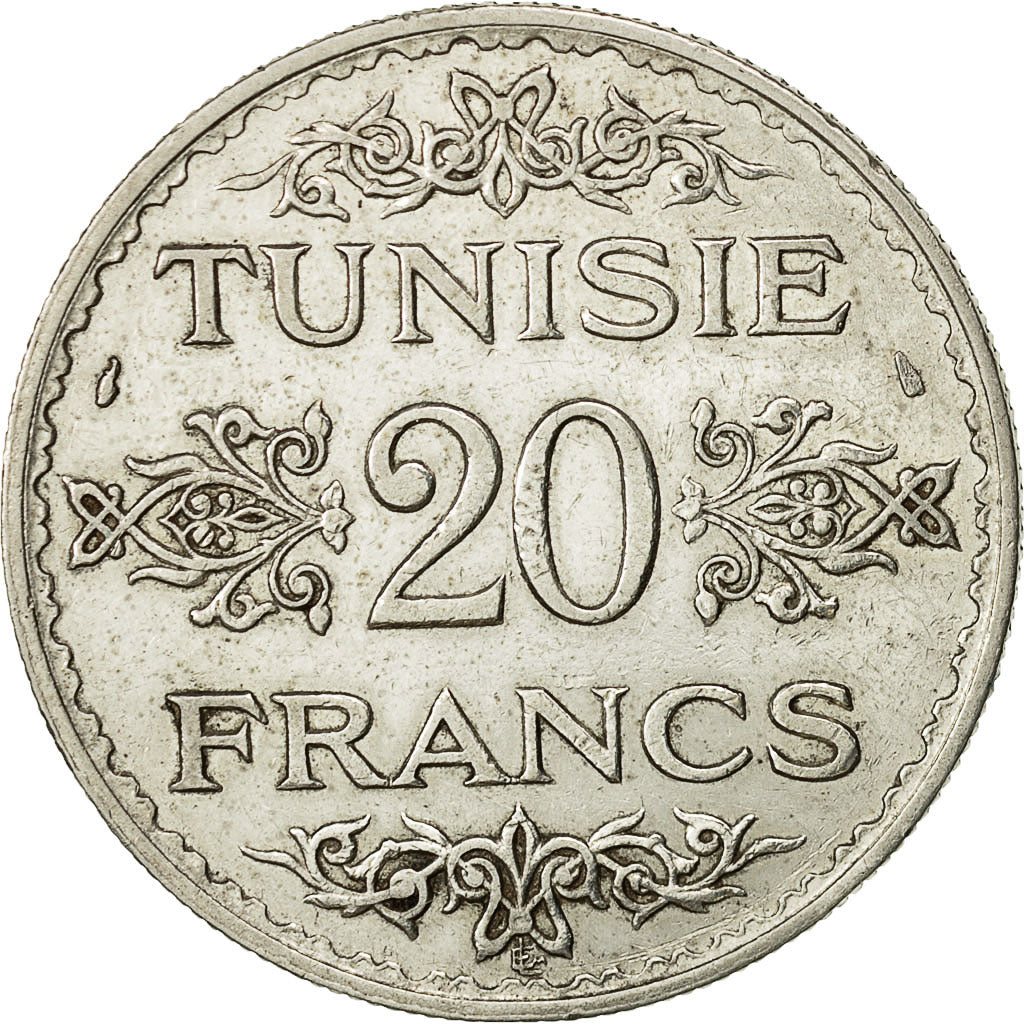 Coin, Tunisia, Ahmad Pasha Bey, 20 Francs, AH 1353/1934, Paris, AU(55-58)