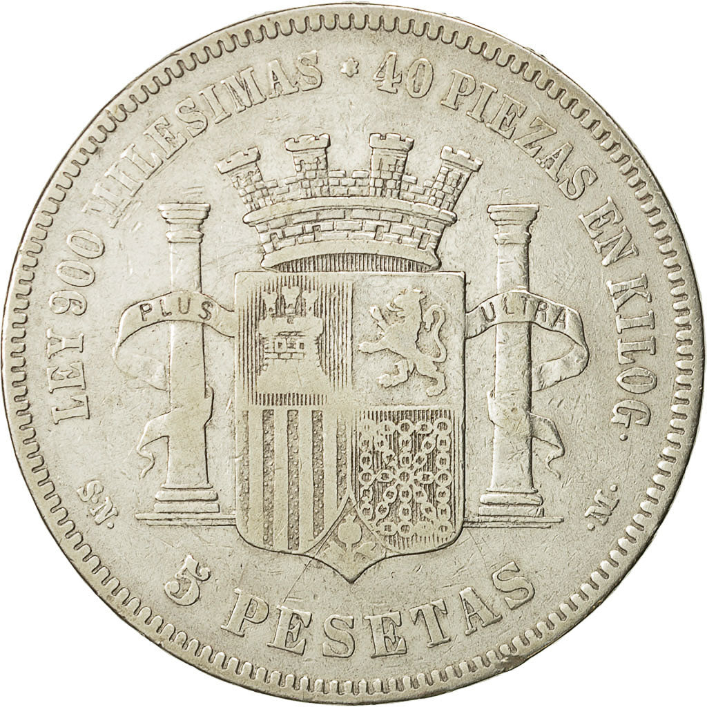 Coin, Spain, Provisional Government, 5 Pesetas, 1870, Madrid, VF(30-35), Silver