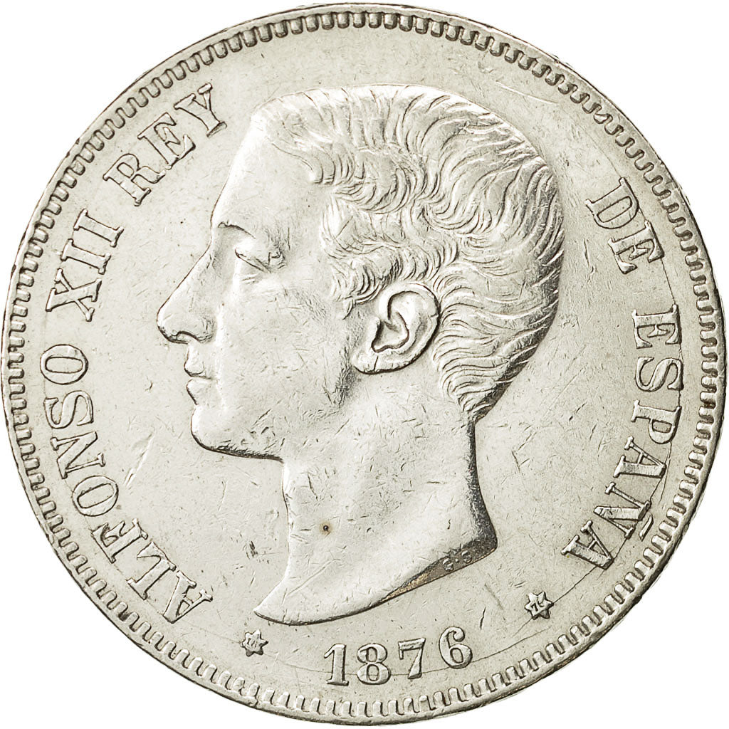 Coin, Spain, Alfonso XII, 5 Pesetas, 1876, Madrid, AU(50-53), Silver, KM:671