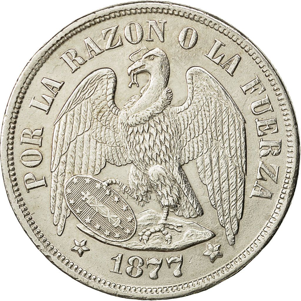 Moneda, Chile, Peso, 1877, Santiago, EBC+, Plata, KM:142.1