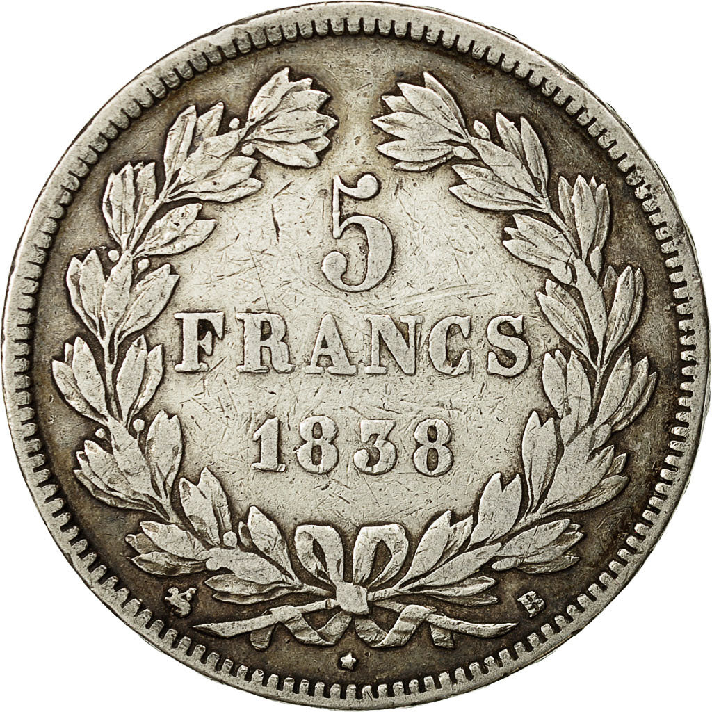 Coin, France, Louis-Philippe, 5 Francs, 1838, Rouen, VF(30-35), Silver