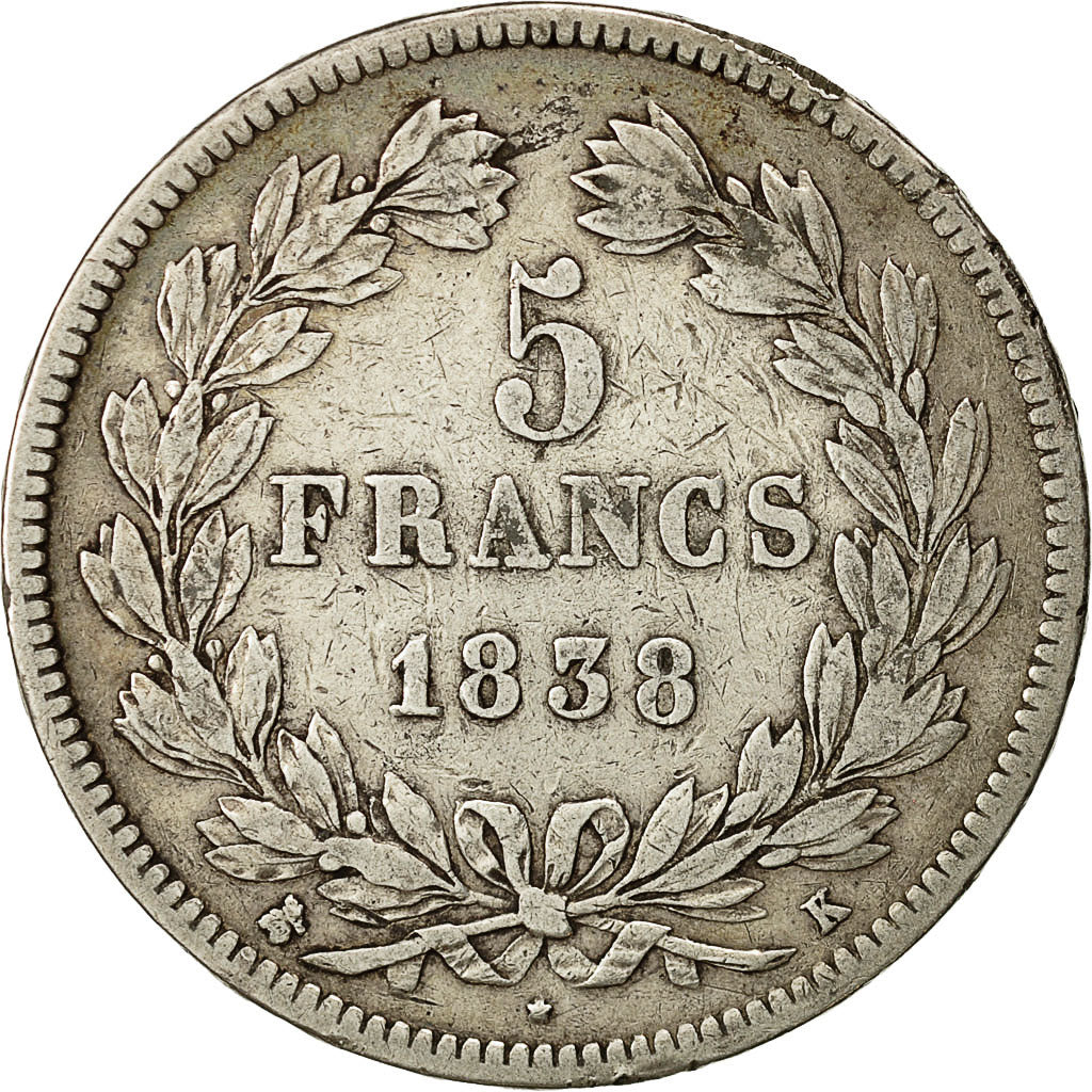 Monnaie, France, Louis-Philippe, 5 Francs, 1838, Bordeaux, TB+, Argent