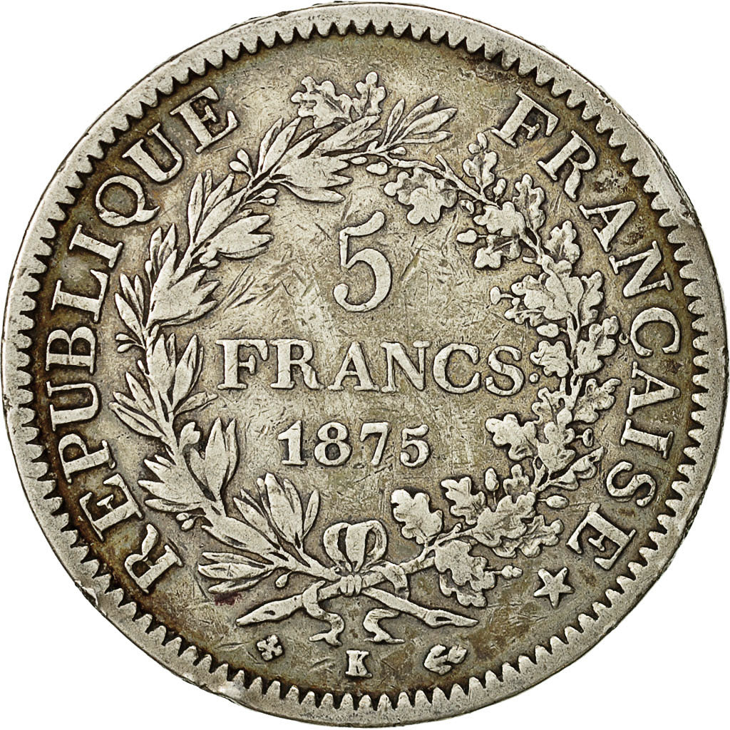 Moneda, Francia, Hercule, 5 Francs, 1875, Bordeaux, BC+, Plata, KM:820.2
