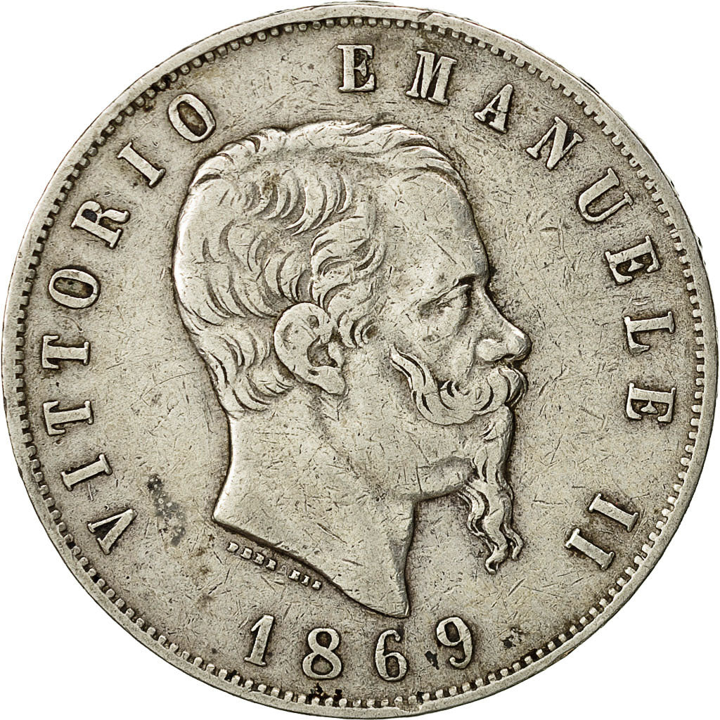 Coin, Italy, Vittorio Emanuele II, 5 Lire, 1869, Milan, EF(40-45), Silver