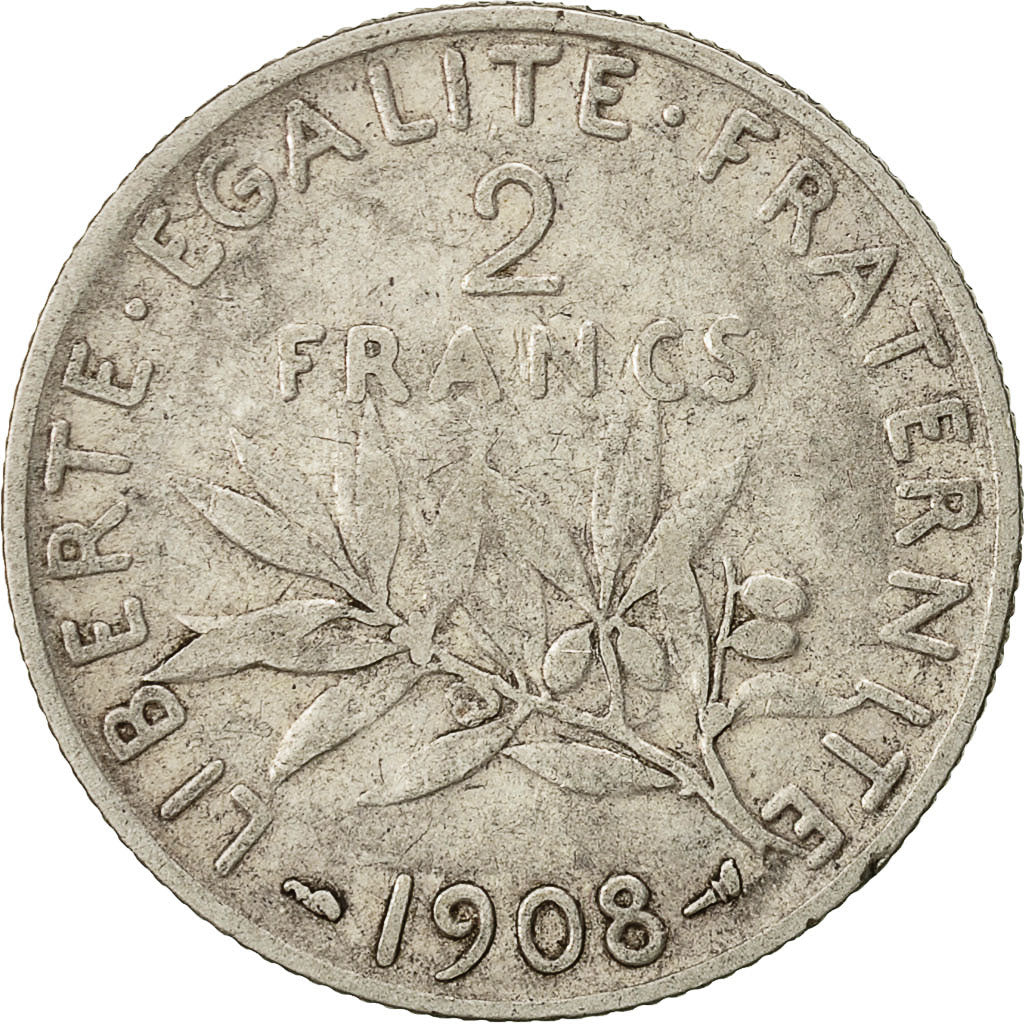 Coin, France, Semeuse, 2 Francs, 1908, Paris, VF(30-35), Silver, KM:845.1