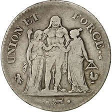 Moneda, Francia, Union et Force, 5 Francs, 1798, Paris, BC+, Plata, KM:639.1