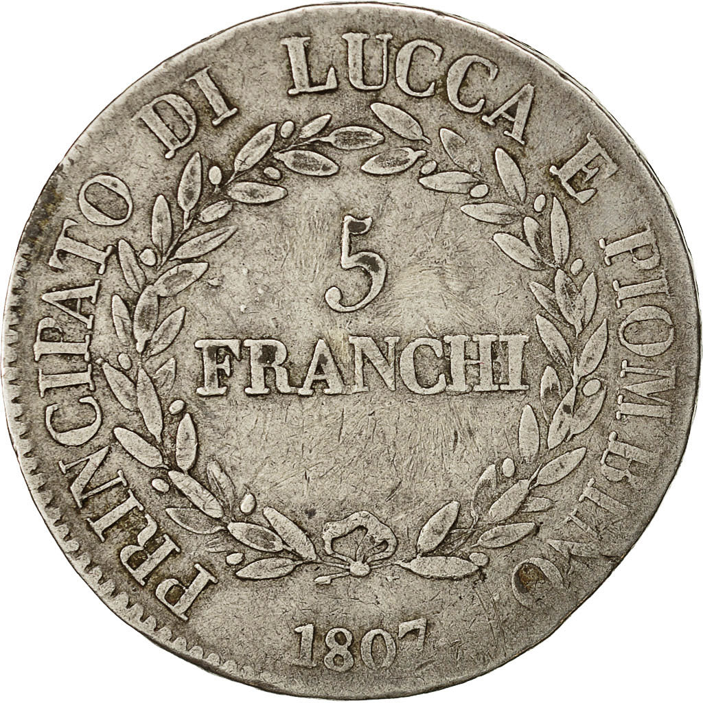 Coin, ITALIAN STATES, LUCCA, Felix and Elisa, 5 Franchi, 1807, Firenze