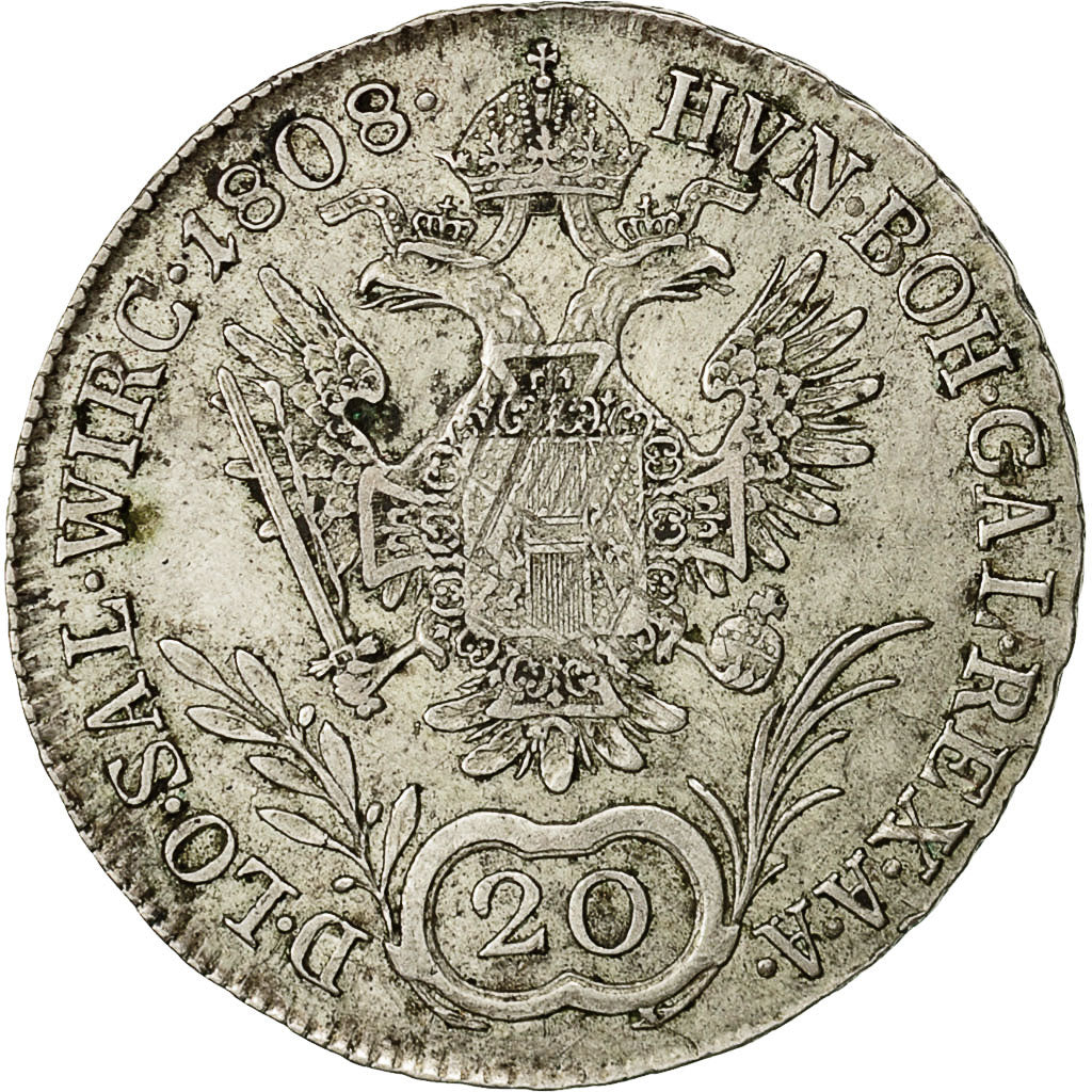 Coin, Austria, Ferdinand I, 20 Kreuzer, 1808, Vienna, EF(40-45), Silver, KM:2141
